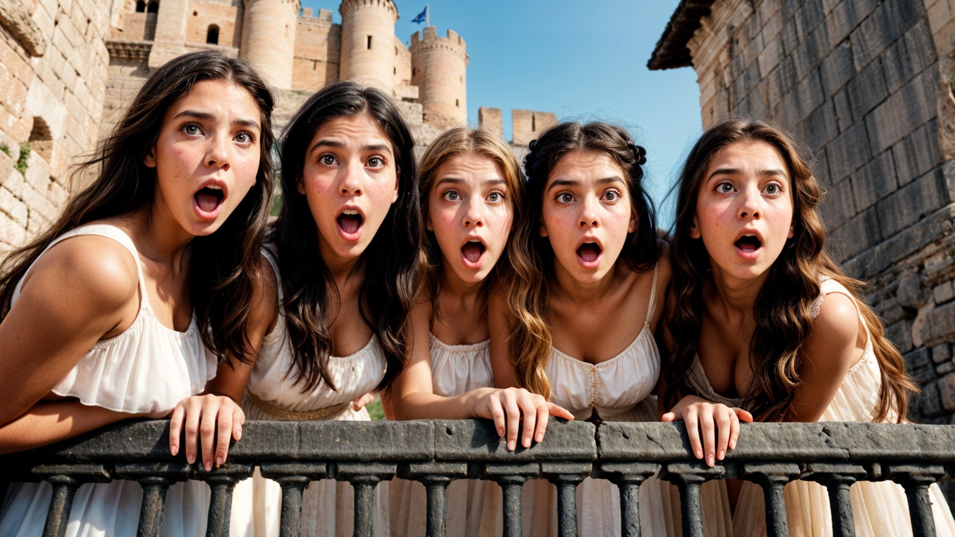 Young women in dresses at a balcony with a castle backdrop