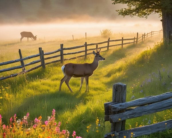 Young Deer in Lush Meadow with Wildflowers and Mist