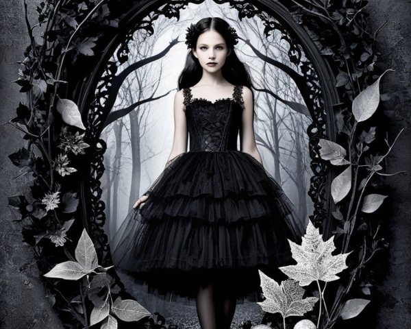 Girl in Black Dress in Ornate Frame with Forest Background