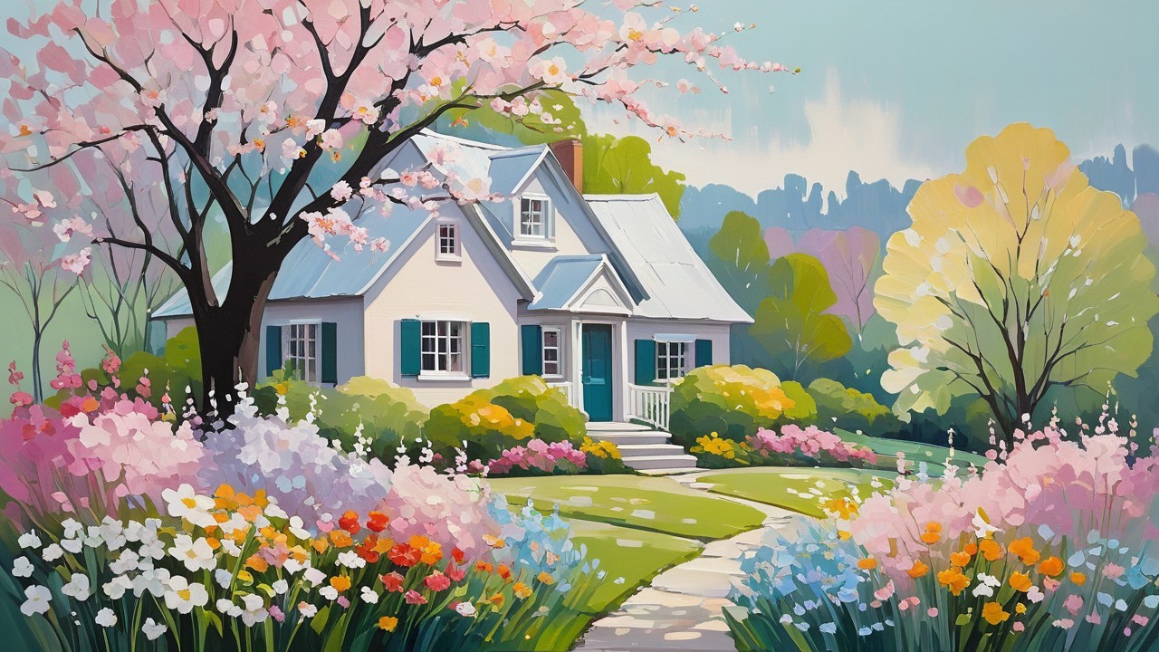 Cottage Surrounded by Vibrant Garden and Cherry Blossoms