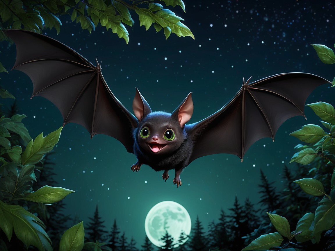Cartoon Bat Flying in Starry Night with Full Moon