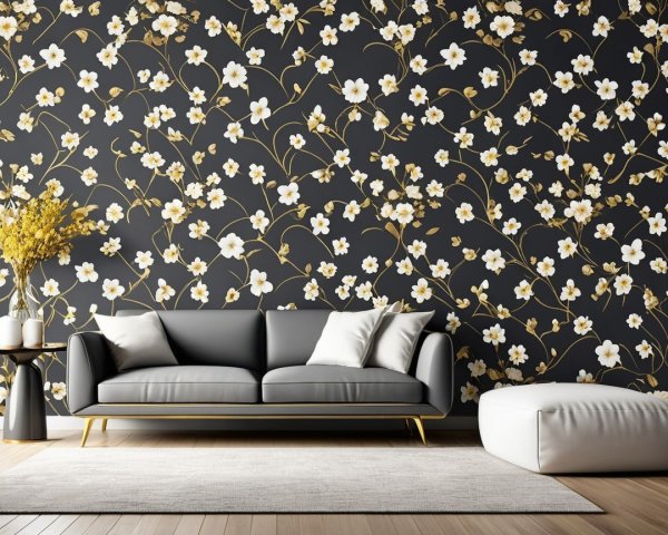 Modern Living Space with Dark Floral Wallpaper Design