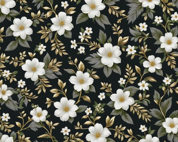 Lush Floral Pattern with White Flowers and Gold Accents