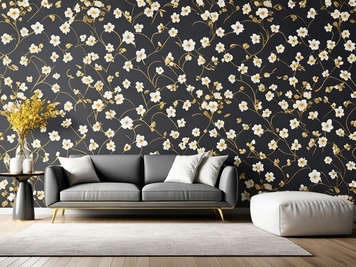 Modern Living Space with Dark Floral Wallpaper Design
