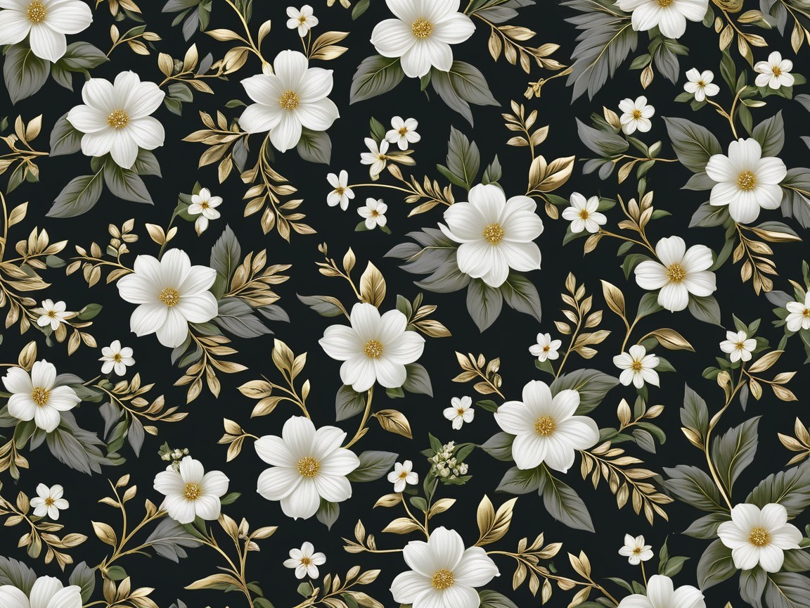 Lush Floral Pattern with White Flowers and Gold Accents