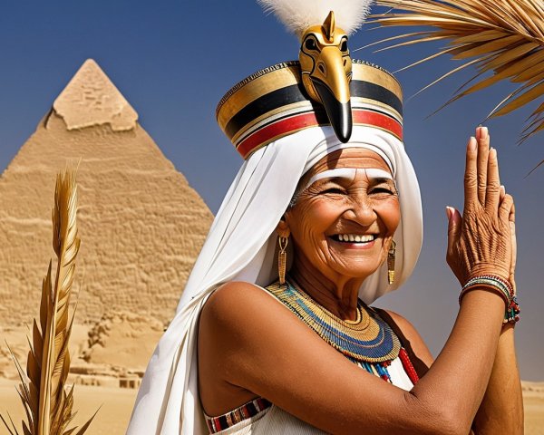 Smiling Woman in Ancient Egyptian Attire by Pyramid