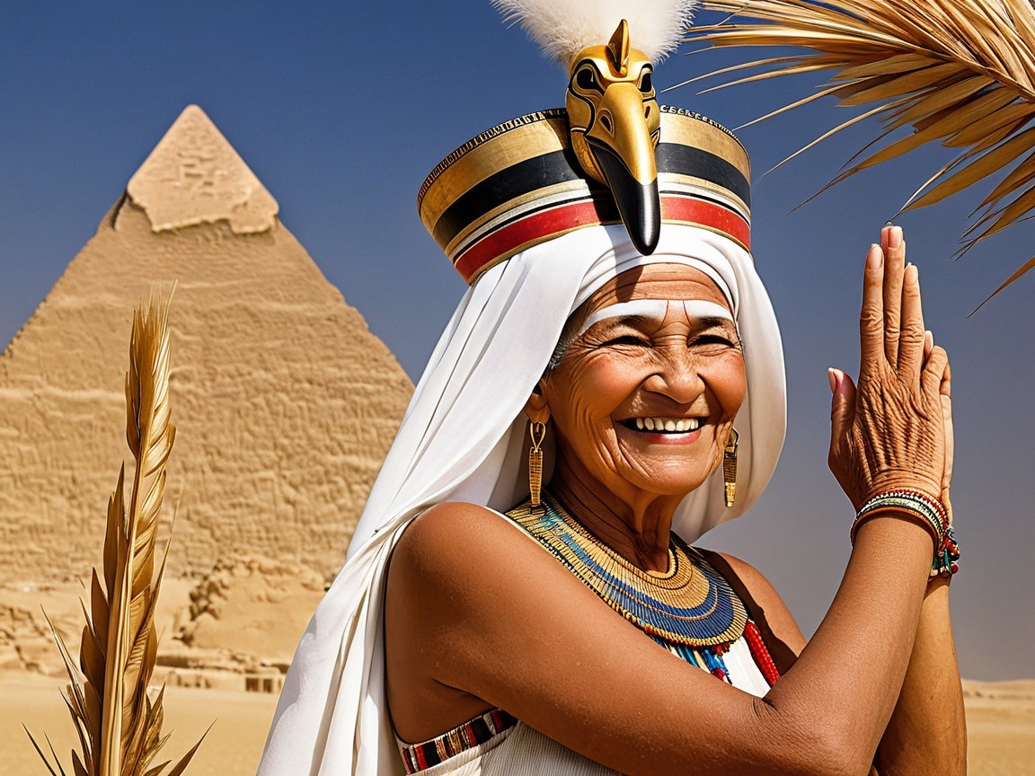 Smiling Woman in Ancient Egyptian Attire by Pyramid