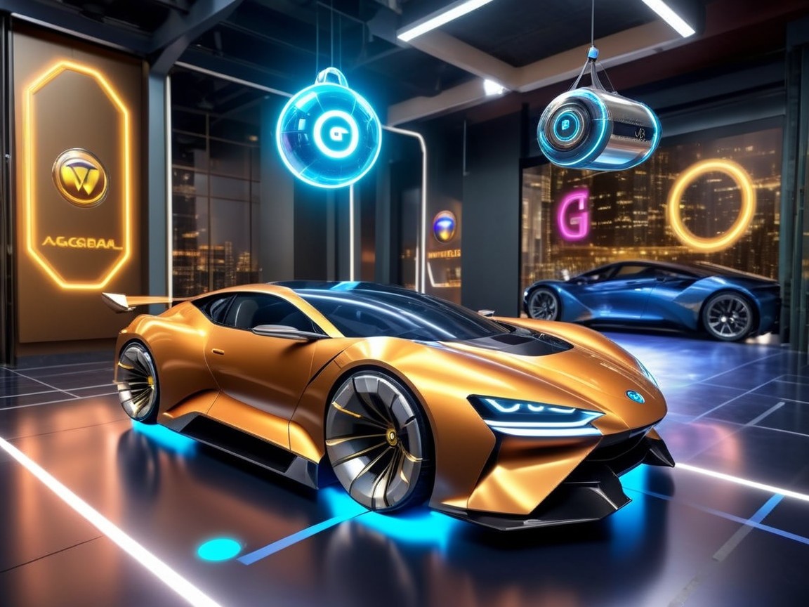 Futuristic Orange Sports Car in High-Tech Showroom