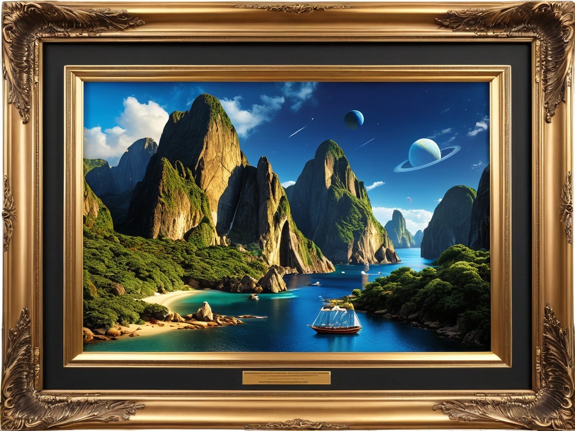 Majestic Mountains and Sailboat in Dreamlike Landscape