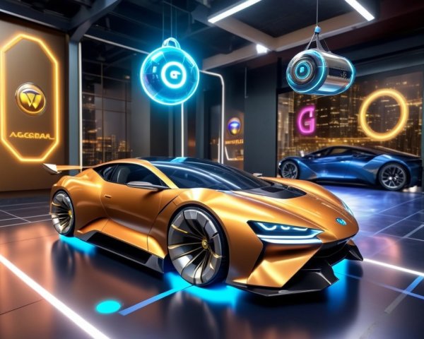 Futuristic Orange Sports Car in High-Tech Showroom