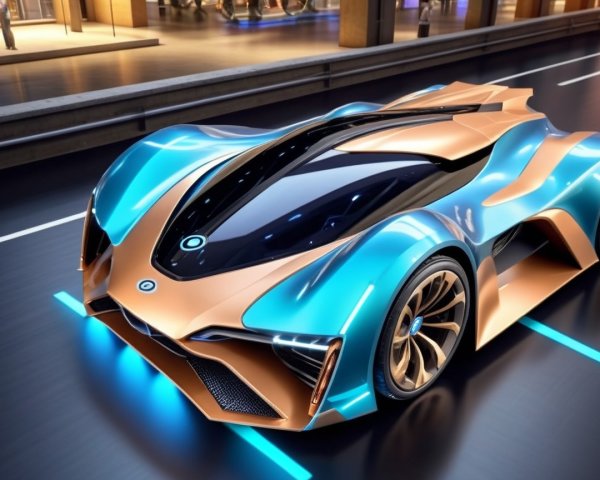 Futuristic Sports Car with Blue and Copper Design