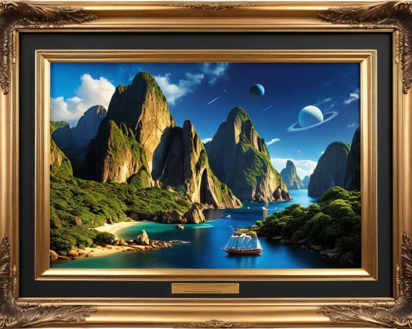 Majestic Mountains and Sailboat in Dreamlike Landscape