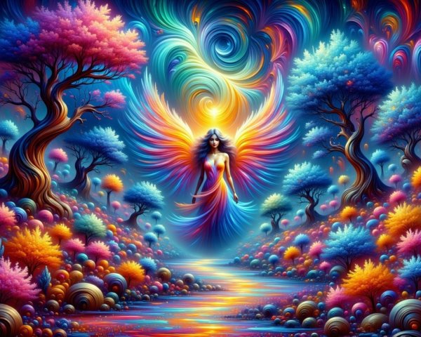 Colorful Landscape with Serene River and Ethereal Figure