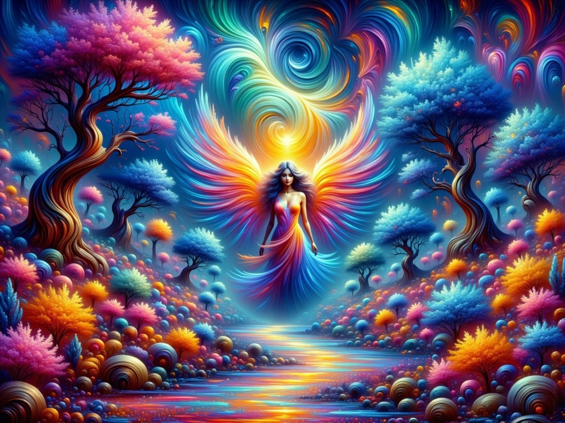 Colorful Landscape with Serene River and Ethereal Figure