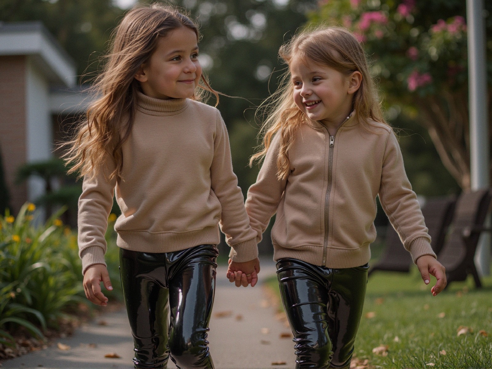 Young girls in matching outfits on a sunny path