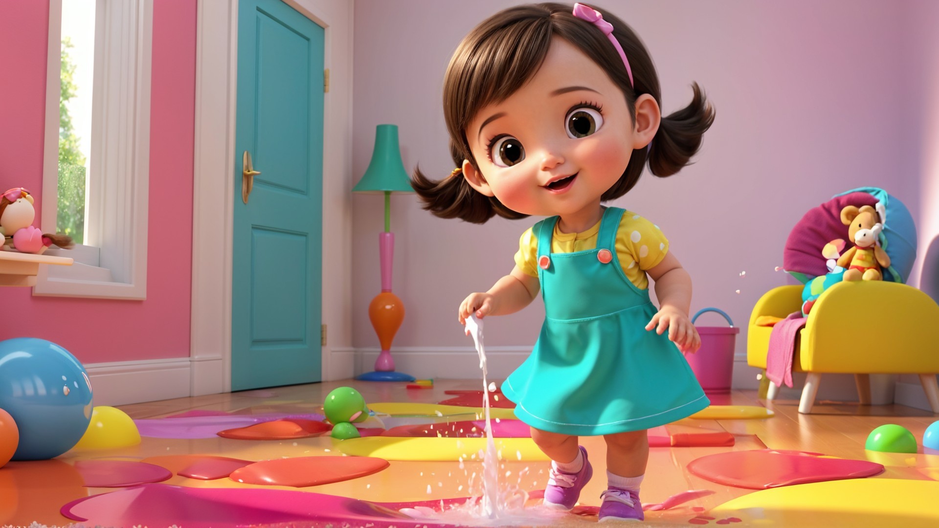 Cheerful girl playing in a colorful, vibrant room