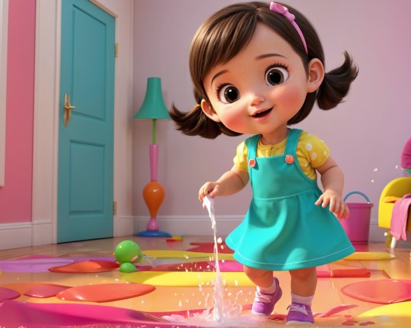 Cheerful girl playing in a colorful, vibrant room
