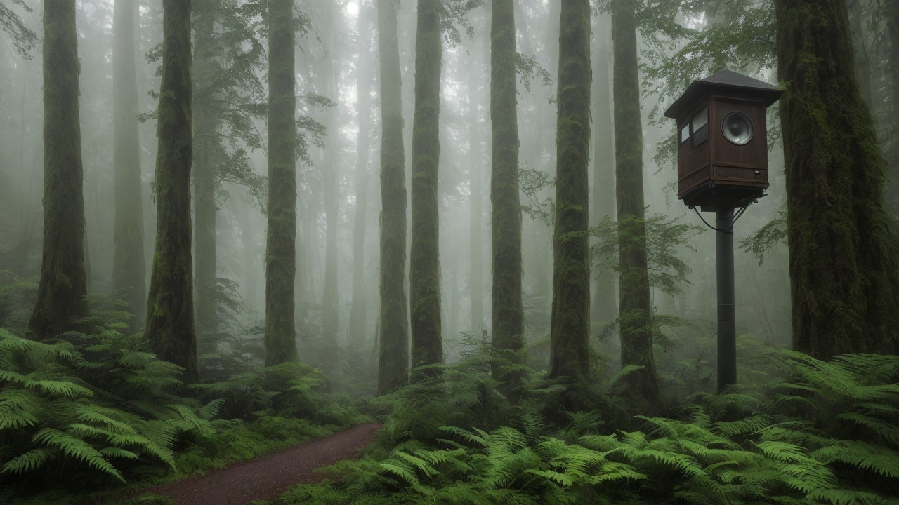Foggy Forest Scene with Moss-Covered Trees and Path