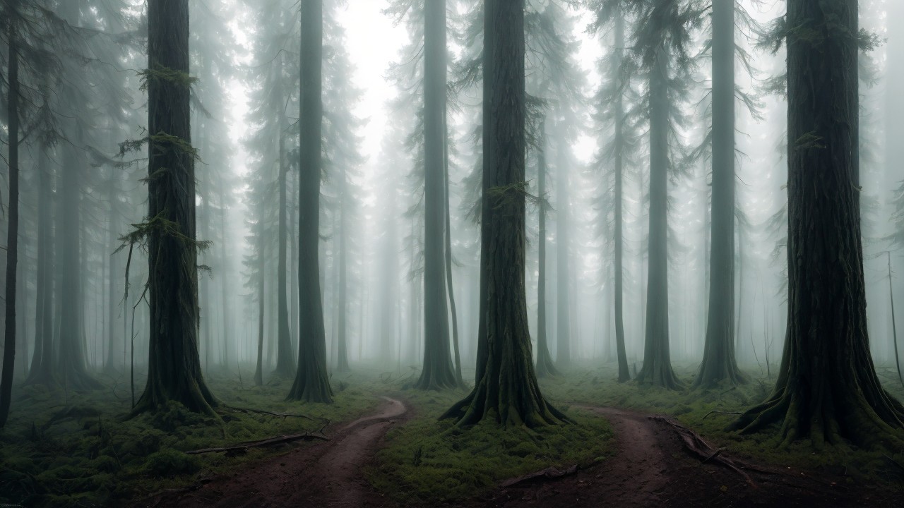 Foggy Forest with Majestic Trees and Winding Paths