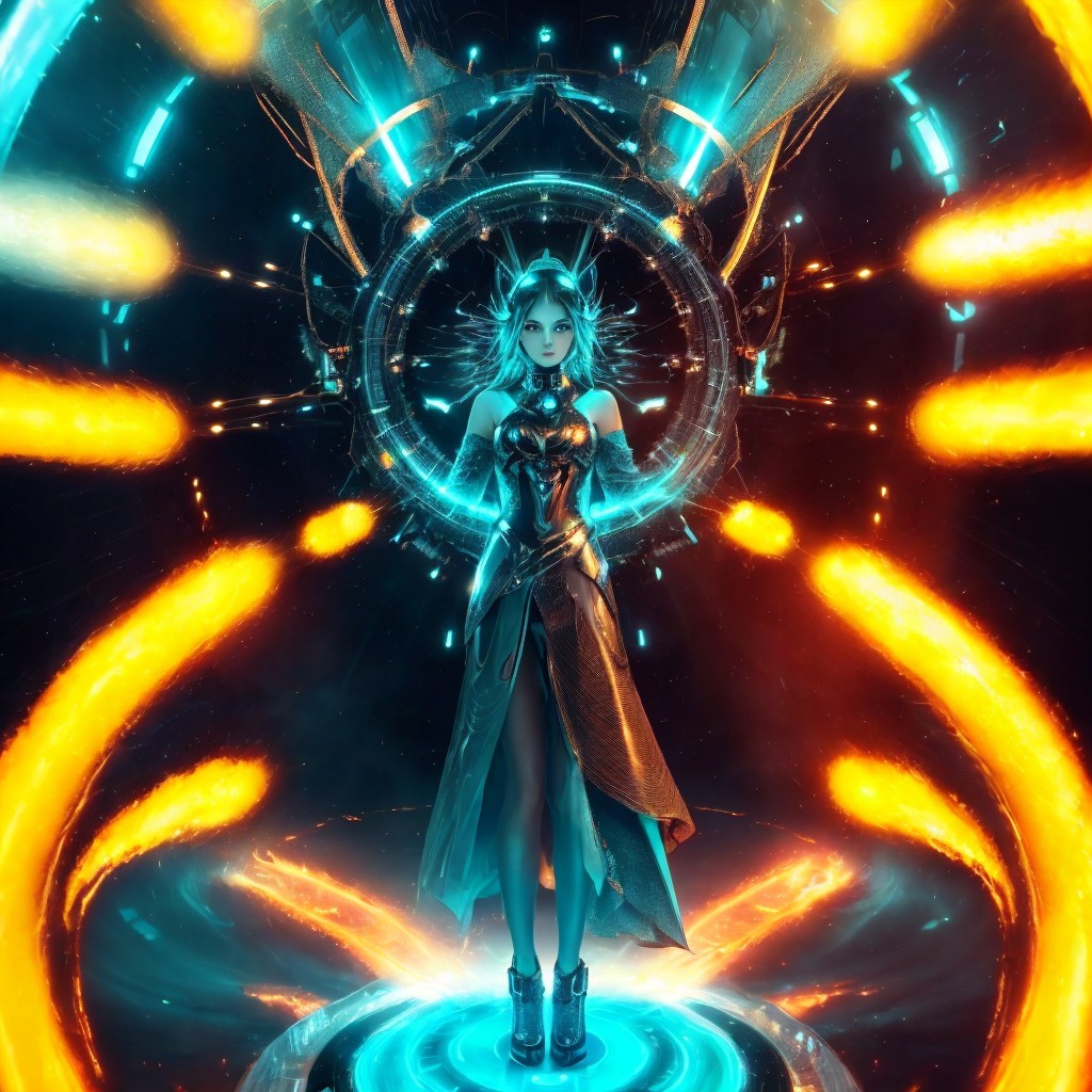 Futuristic Female Figure at High-Tech Portal