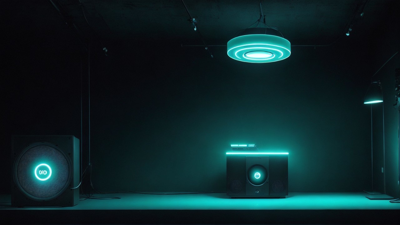 Modern Dimly Lit Room with Futuristic Sound System