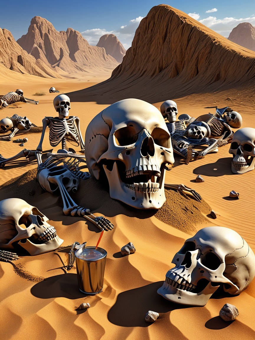 Desert Landscape with Skeletons and Modern Cup
