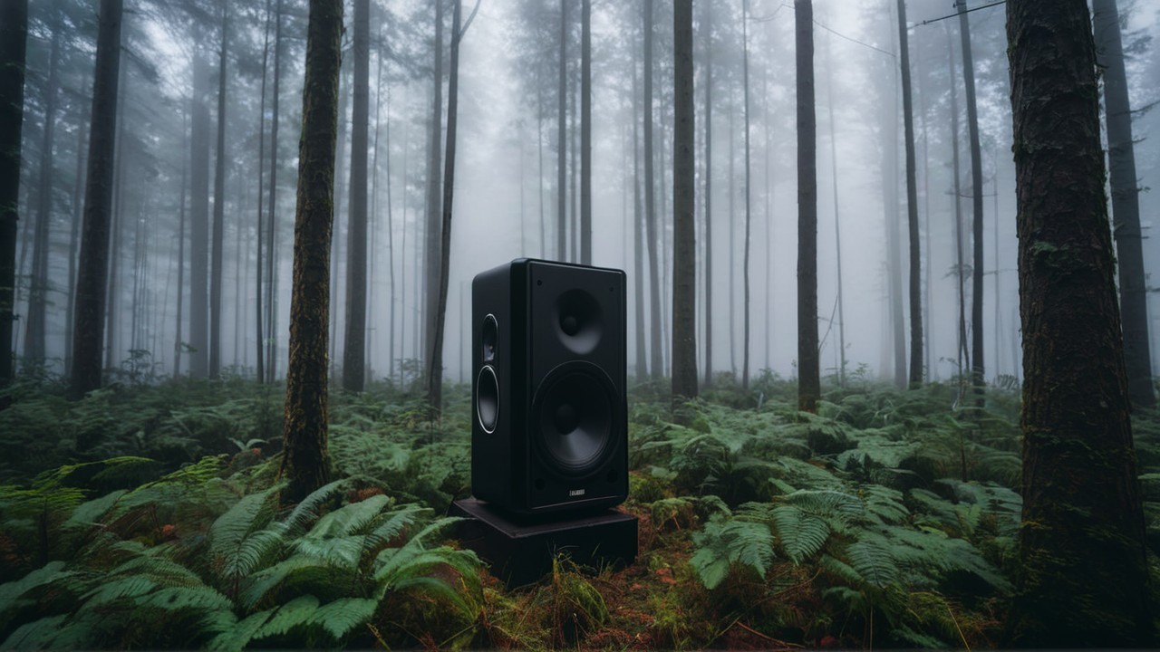 Black Speaker in Foggy Forest with Lush Ferns