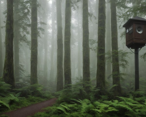 Foggy Forest Scene with Moss-Covered Trees and Path
