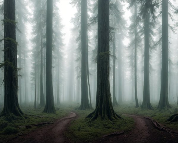 Foggy Forest with Majestic Trees and Winding Paths