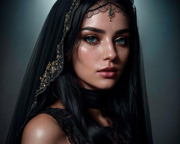 Portrait of a Young Woman with Turquoise Eyes and Veil