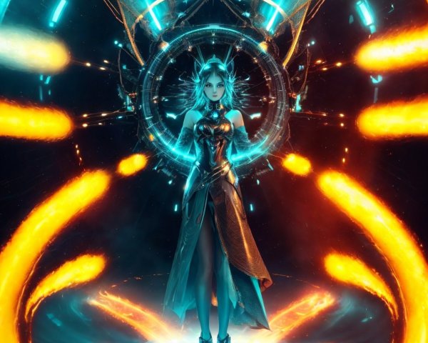 Futuristic Female Figure at High-Tech Portal