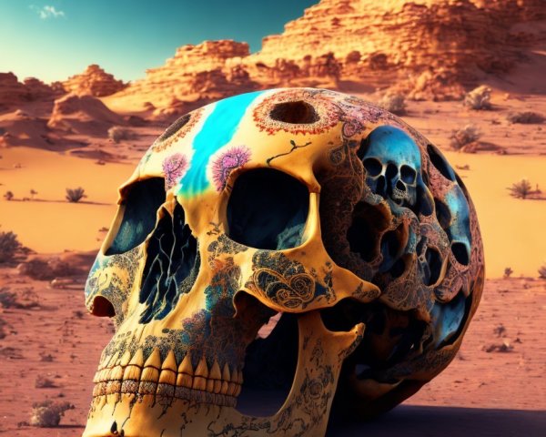 Decorative Skull in Desert Landscape with Mountains