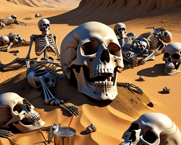 Desert Landscape with Skeletons and Modern Cup