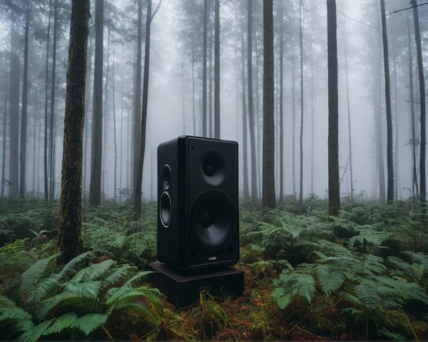 Black Speaker in Foggy Forest with Lush Ferns