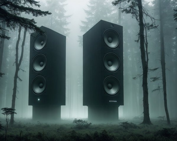 Foggy Forest with Towering Black Speakers and Trees