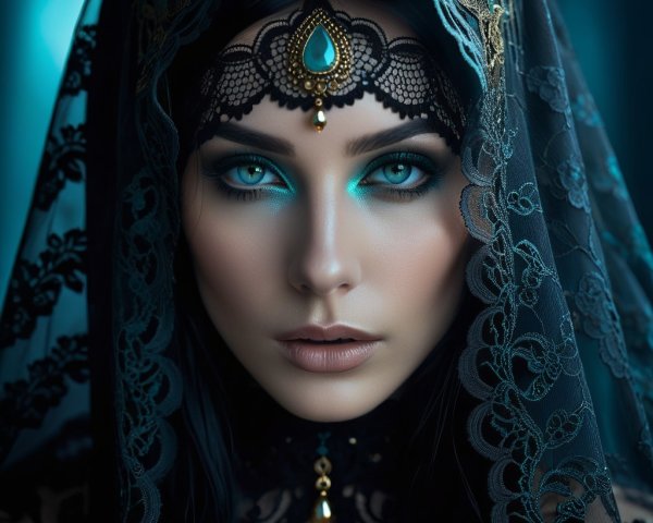 Portrait of a woman with blue eyes and lace veil