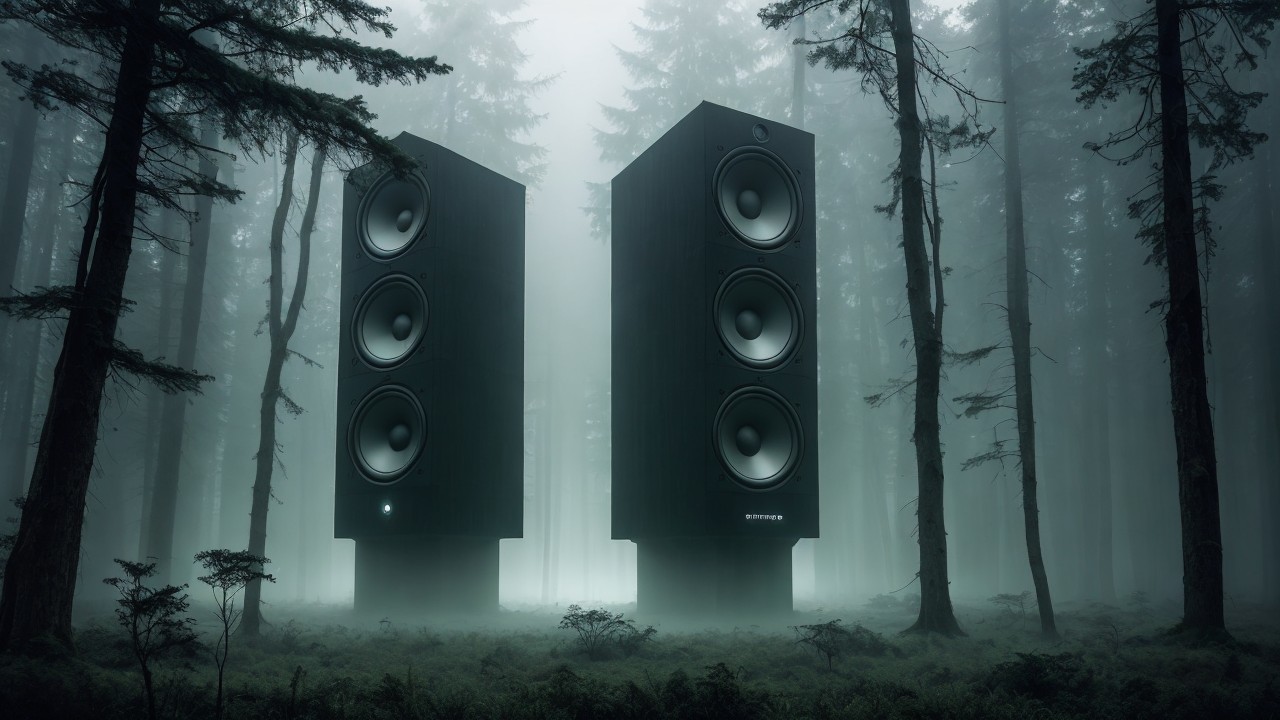 Foggy Forest with Towering Black Speakers and Trees