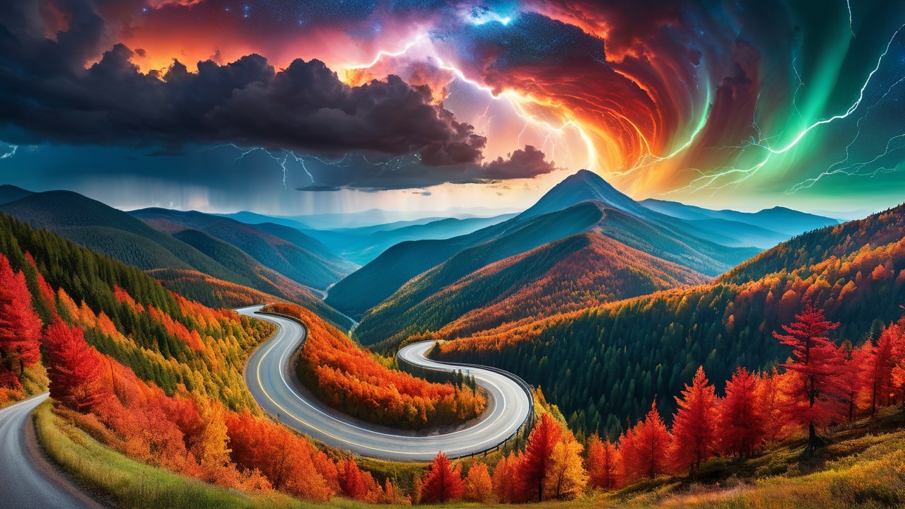 Winding Road Through Vibrant Autumn Foliage and Mountains