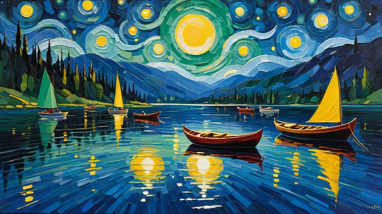 Impressionistic Night Scene with Boats and Moonlight