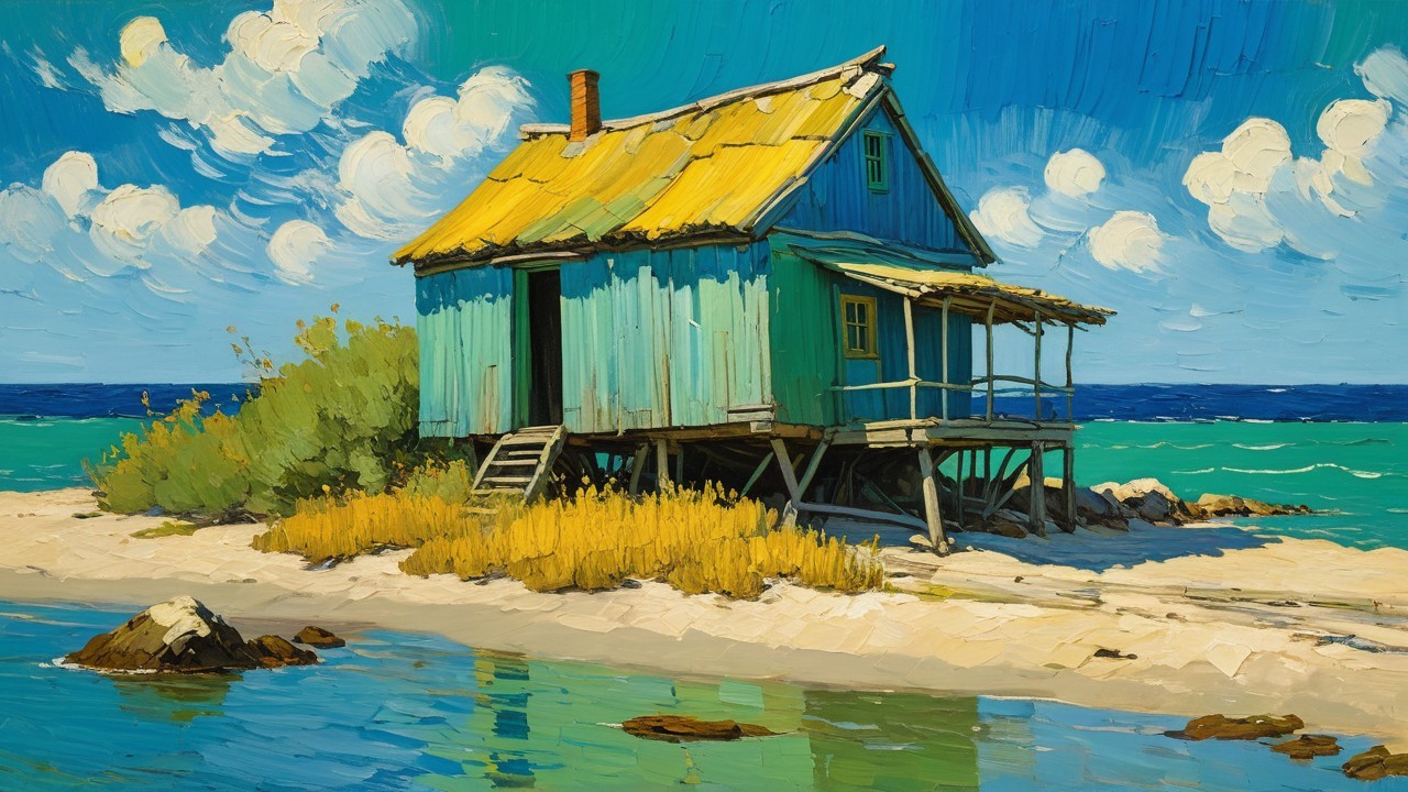 Vibrant Oil Painting of Rustic Beach Hut on Stilts