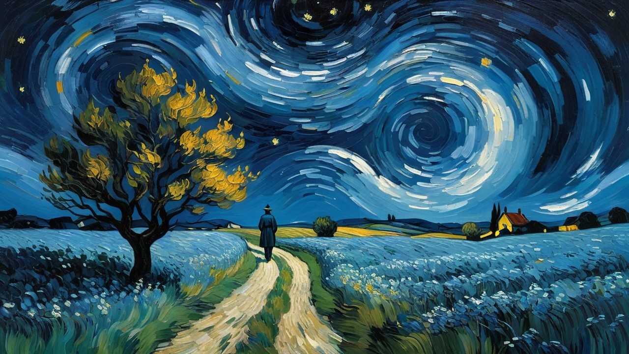 Vibrant Night Sky with Stars and Blooming Flowers
