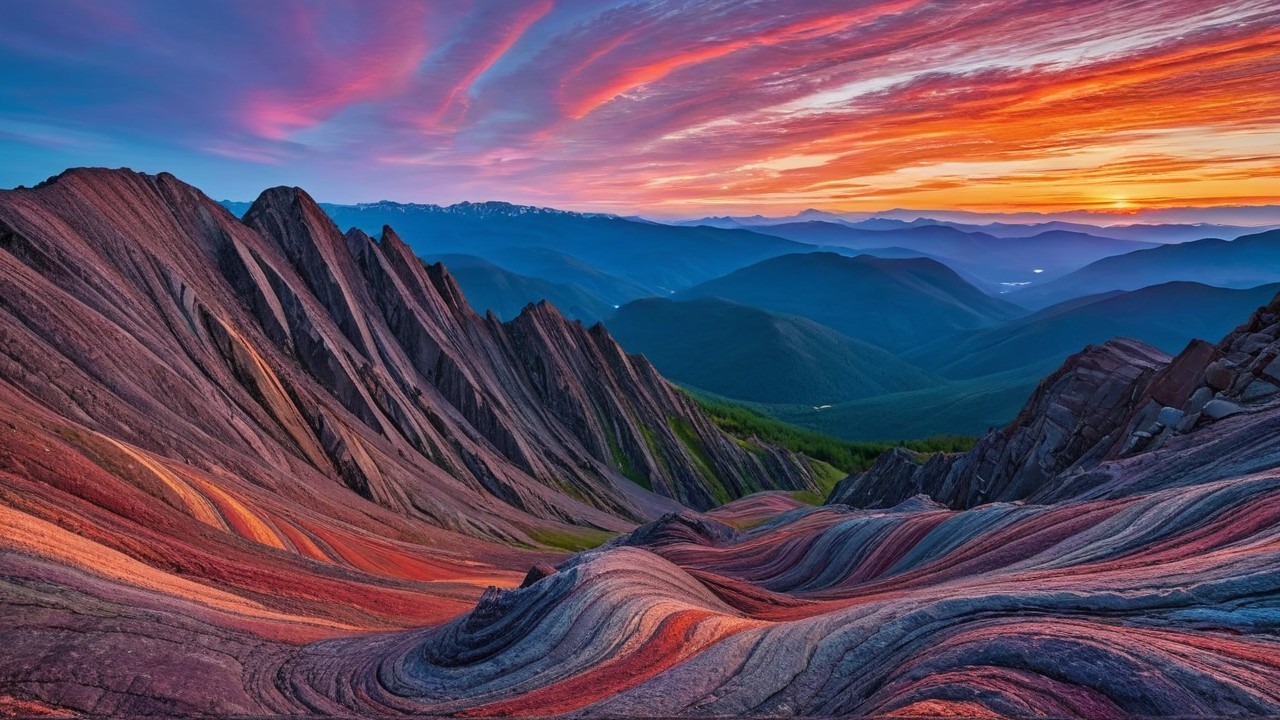 Colorful Rock Formations and Majestic Mountains at Sunset