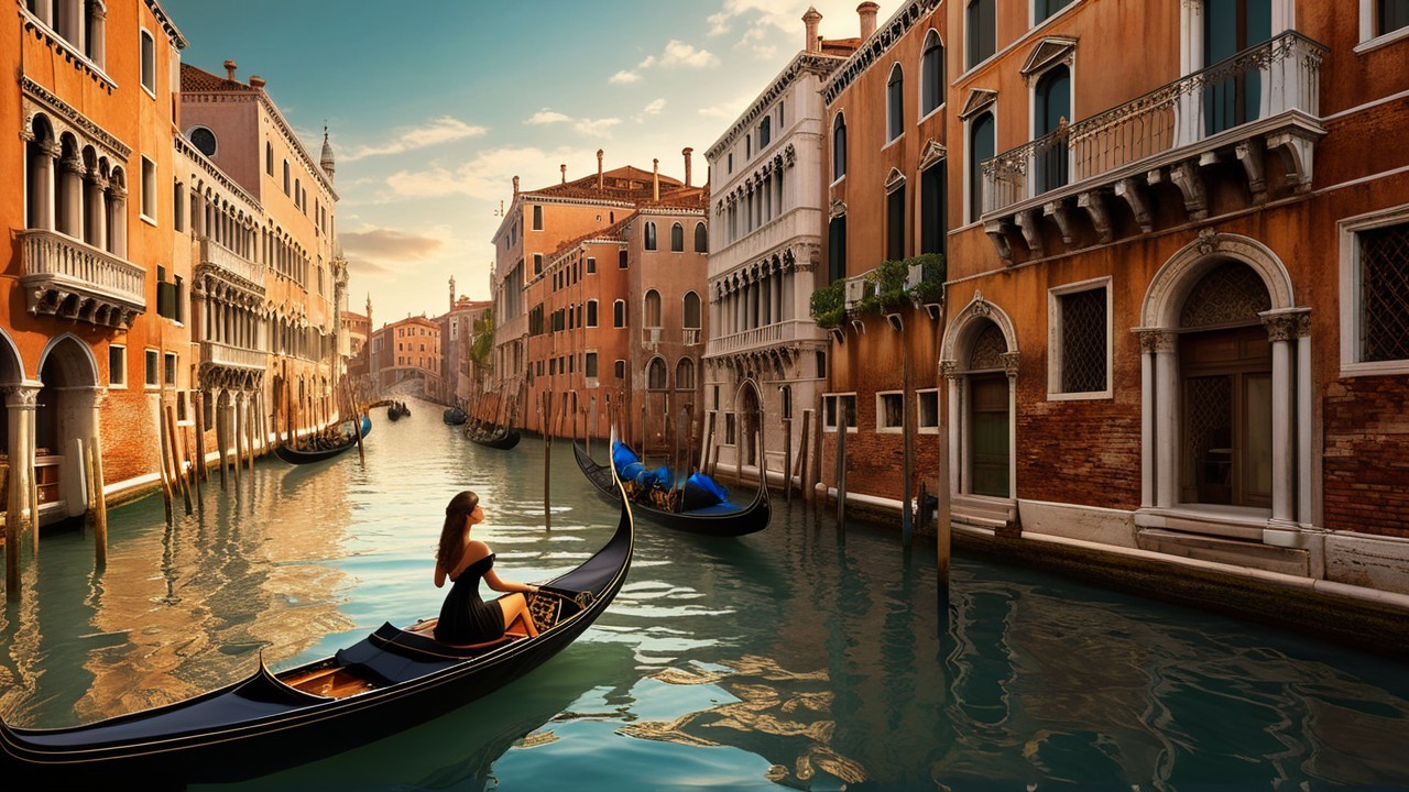 Venice Canal Scene with Gondolas at Sunset