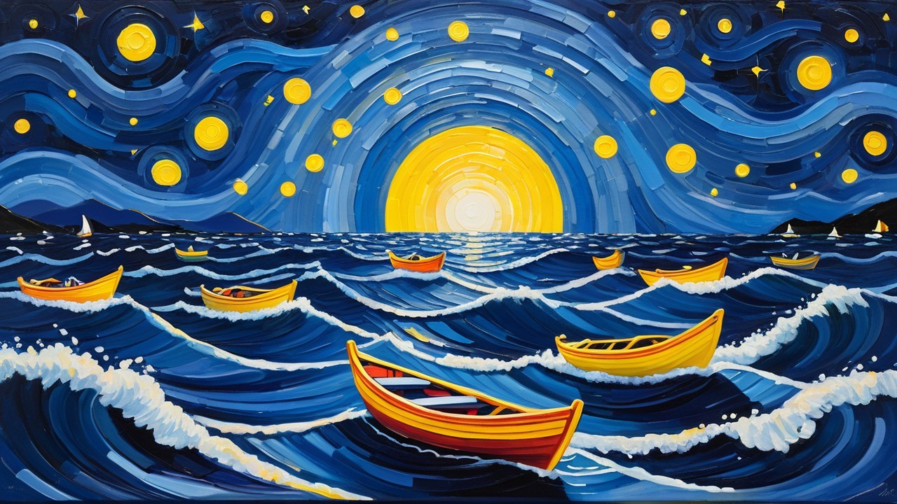 Van Gogh Style Ocean Scene with Starry Sky and Boats