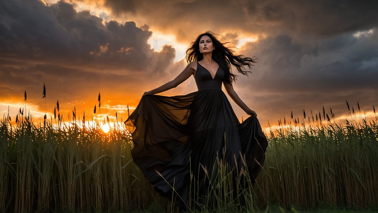 Woman in Black Dress Amidst Sunset Field