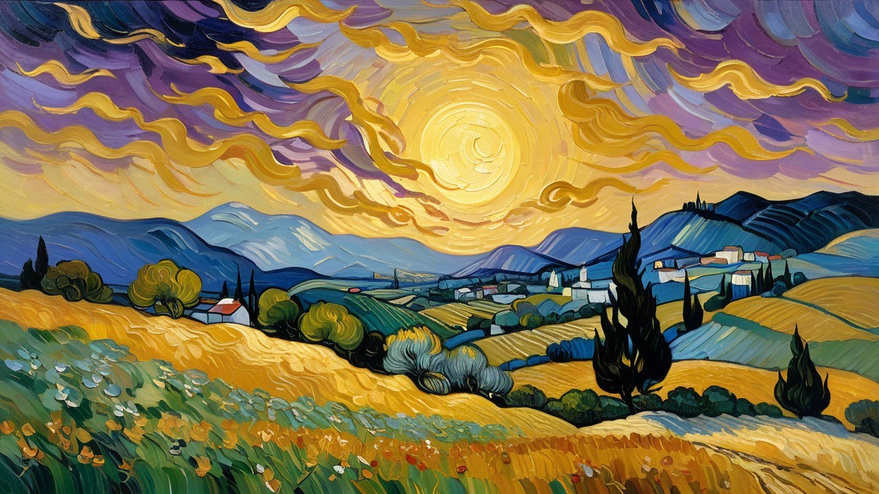 Panoramic Oil Painting of Tuscan Landscape at Sunset
