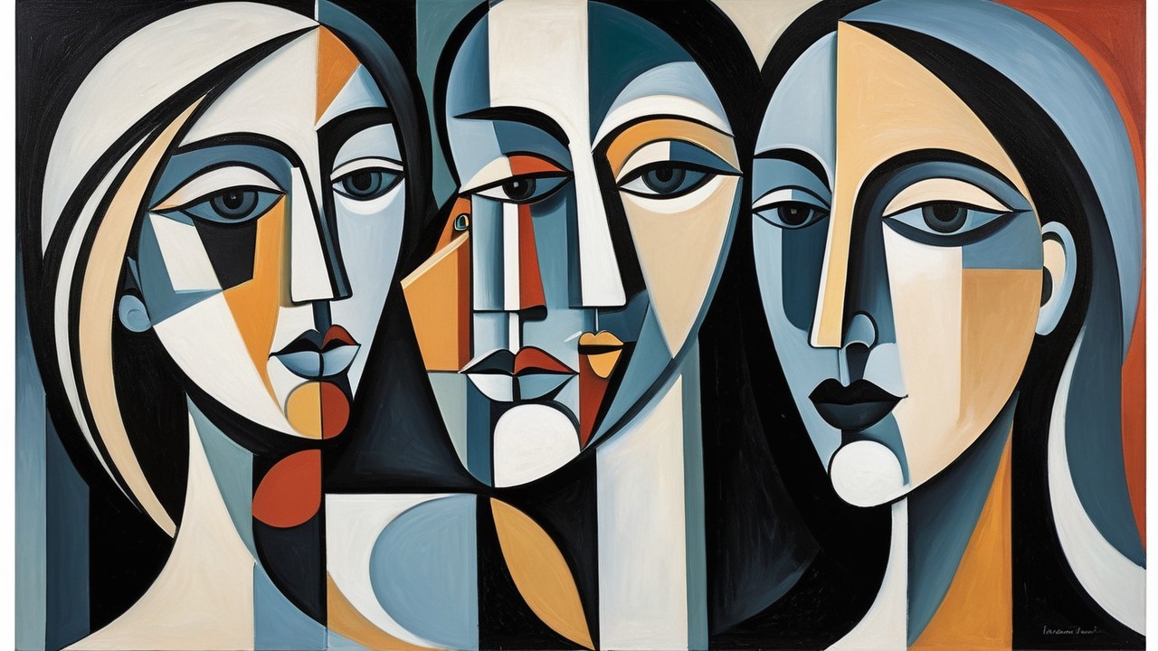 Abstract Composition of Four Female Faces in Colorful Design