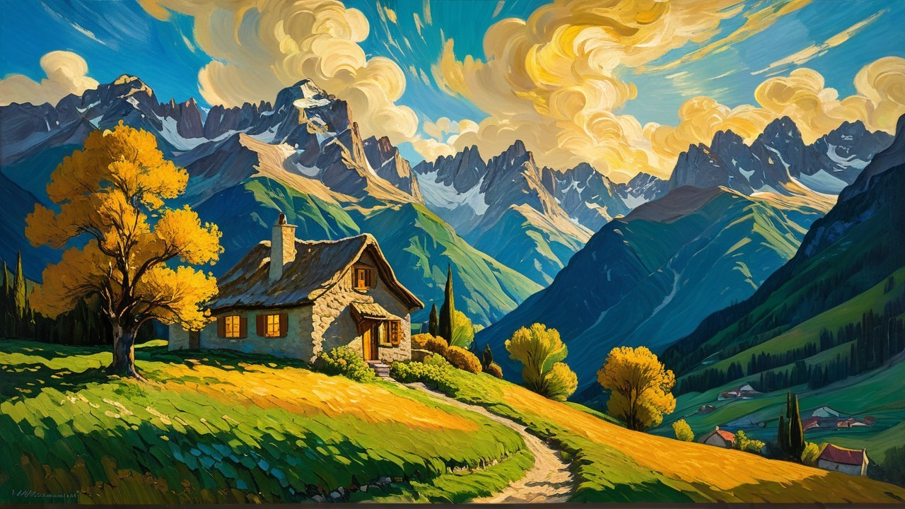 Stone Cottage in a Vibrant Landscape at Sunset