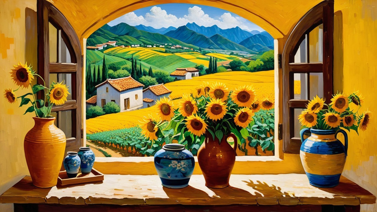 Sunflowers in Vases on a Wooden Table with Landscape