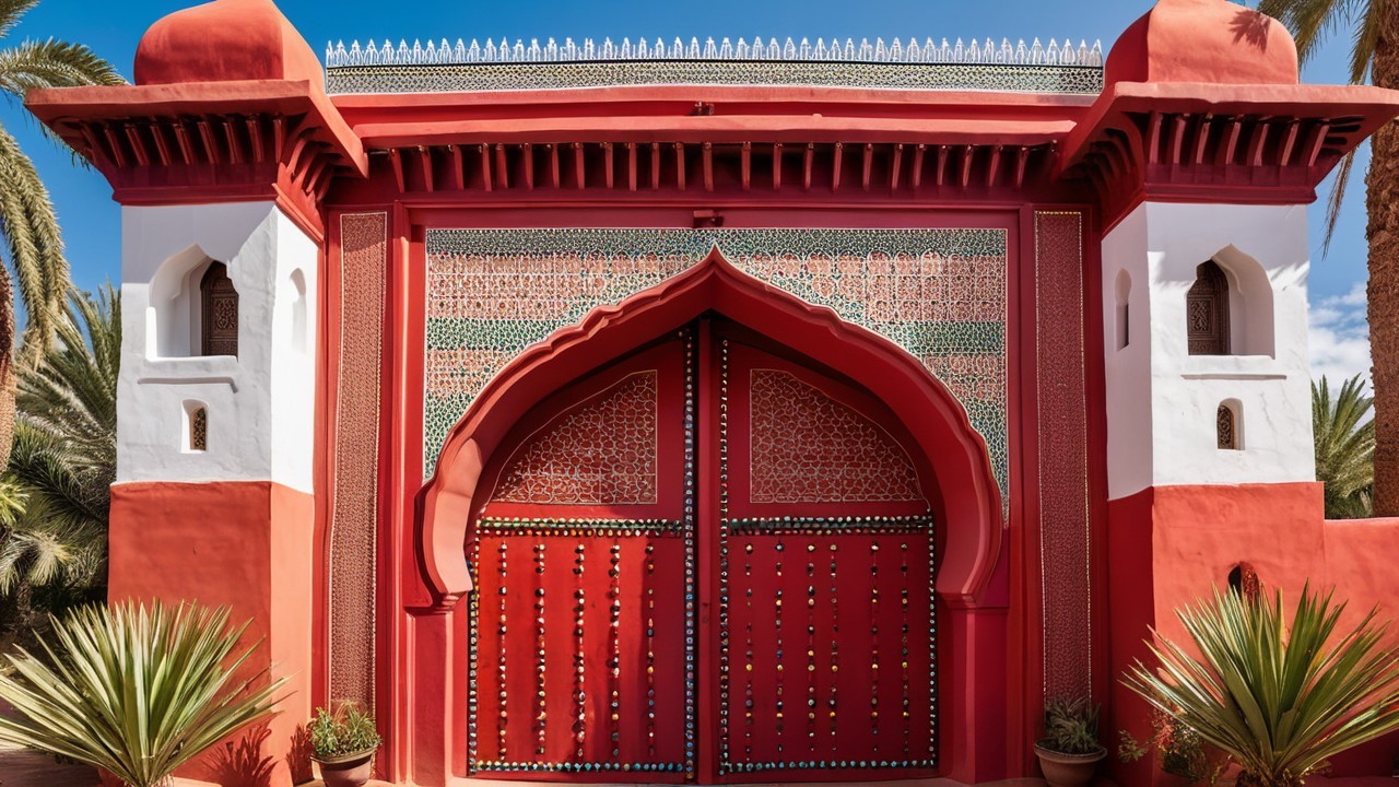 Ornate Architectural Facade with Exotic Palm Trees